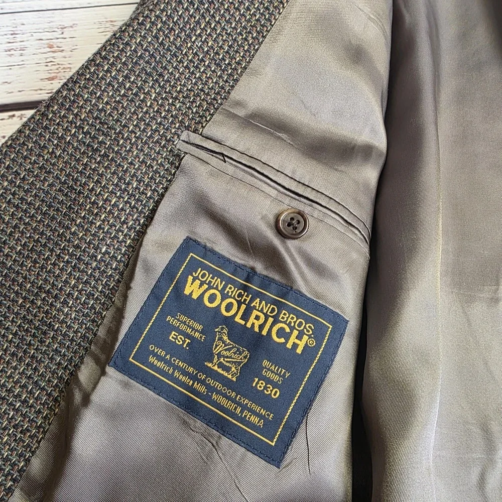 Woolrich Blazer Mens 46L Brown Green Tweed 100% Lambswool Sport Coat 2‎ Button